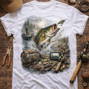 Puede incluir: Camiseta blanca con una escena de pesca detallada. Un pez grande salta del agua, con un pescador en un bote en el fondo. Cañas de pescar, aparejos y una gorra están dispuestos alrededor de la camiseta sobre una superficie de madera.