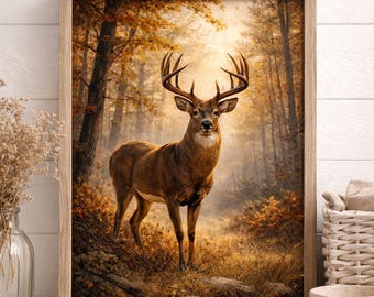 Tableau cerf de Virginie, art mural rustique boisé, scène de forêt d'automne (téléchargement numérique)