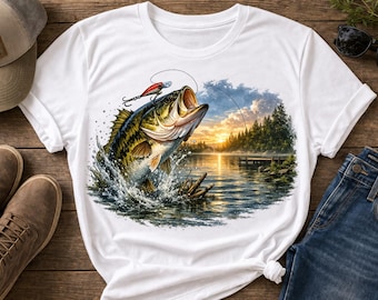 Bass Fishing Lake Scene Sublimation PNG, Largemouth Shirt Graphic (Digital Download)