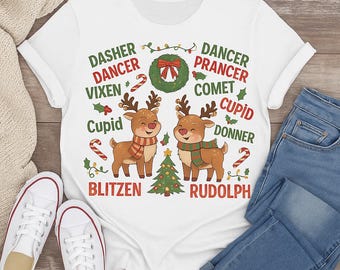 Reindeer Names Christmas PNG | Watercolor Style, Kids Shirt (Digital Download)