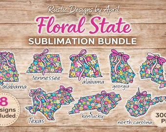 Floral State Sublimation Bundle | 8 US States, Bow Accent (300 DPI PNG)