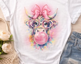 Bubblegum Cow Sublimation PNG | Cute Highland Cow with Bow | Sublimation Design | T-Shirt Transfer | Digital Download