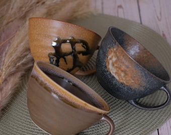 Juego de 3 tazas de café latte hechas a mano con glaseado de caramelo / Tazas de café o té Wabi Sabi Latte Art / Tazones de sopa con texturas contrastantes y acabado terroso