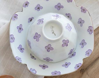Set of 2 Japanese Hasami Porcelain Geometric Lilac Flower Bowl & Plate | Aritayaki Handdrawn Ichijin Murasaki Floral Pattern Dinnerware Set