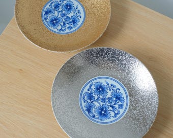 Plato japonés Aritayaki de oro y plata / Plato de porcelana Fuki Gosu Arita con centro floral de esmalte metálico - Kaiseki / Plato para alta cocina