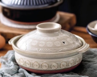 Olla de barro japonesa Bankoyaki Donabe Ginpo Hanamishima - Ideal para cocinas de gas e inducción. Utensilios de cocina Nabe hechos en Japón.