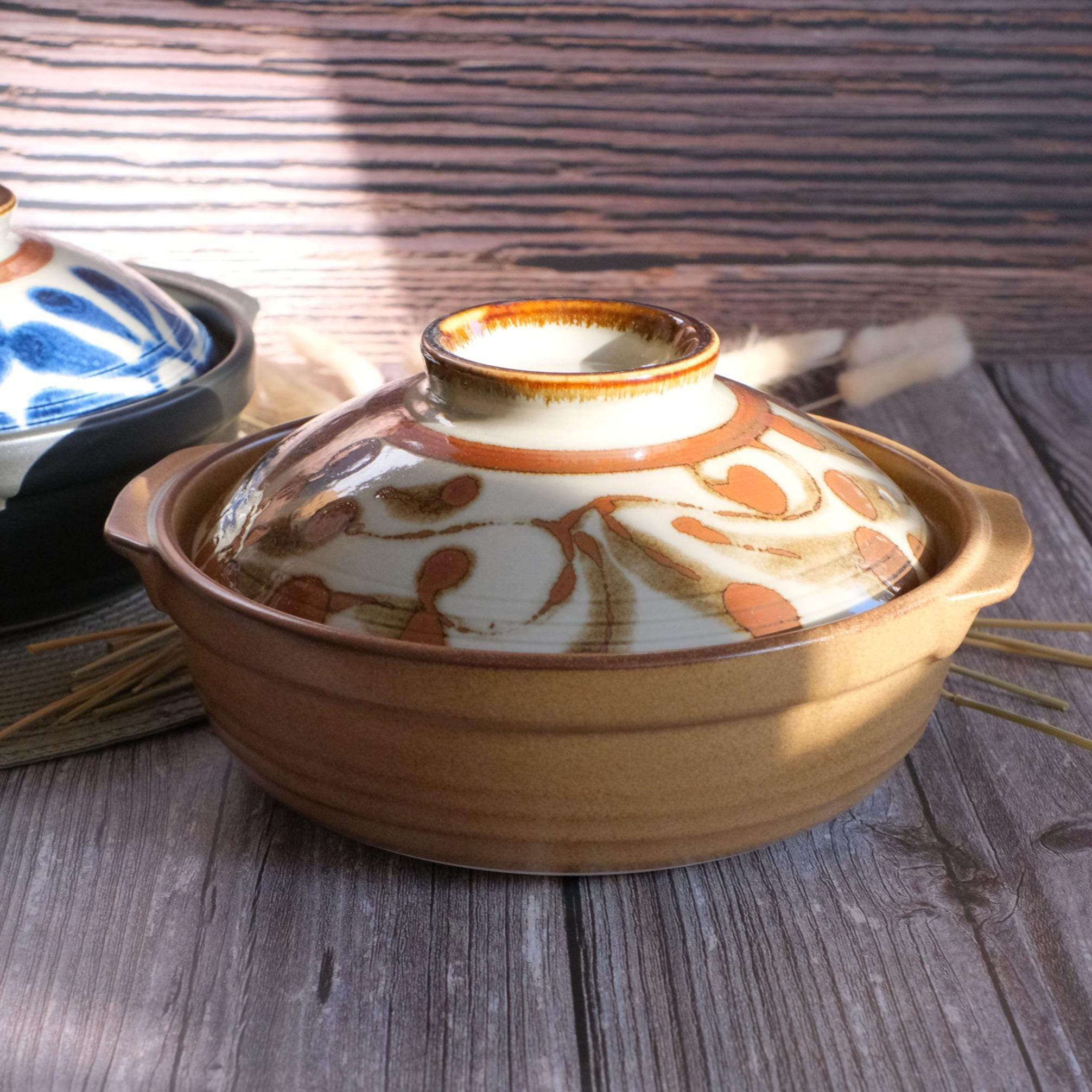 Japanese Donabe Earthenware Clay Pot- Rustic Beige/ Navy Black Ryukyu ...