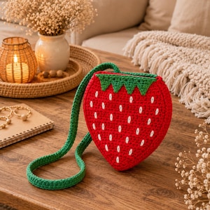 May include: A strawberry-shaped crochet bag featuring a vibrant red body with white stitched seed details and a green top border. The bag includes a long, matching green crochet strap, creating a functional accessory with a distinct fruit-inspired design.