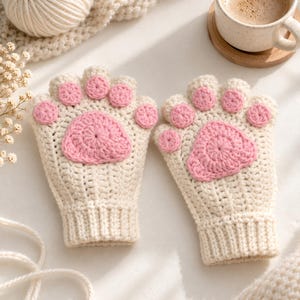 May include: A pair of fingerless gloves crocheted from off-white yarn, featuring a ribbed cuff and a decorative pink paw pad design on the back of the hand. The design includes a large central pink pad and four smaller circular pink pads.