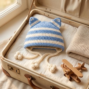 Op de afbeelding: Een gehaakte muts met katachtige oren, ontworpen met horizontale lichtblauwe en witte strepen. De muts heeft twee gevlochten crèmekleurige koorden aan de zijkanten, elk afgewerkt met een kleine, textuurrijke, bloemvormige knoop aan het uiteinde.