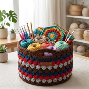May include: A round, hand-crocheted storage basket featuring a textured bobble stitch pattern in alternating rows of brown, red, blue, and light gray. The basket includes a brown leather-like label and is filled with colorful yarn balls and hooks.