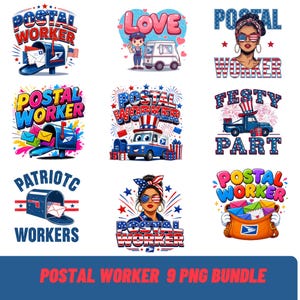 Puede incluir: Una colección de nueve gráficos PNG coloridos con temática de trabajador postal. Los diseños incluyen buzones, furgonetas postales y retratos de trabajadores postales, todos en colores patrióticos rojo, blanco y azul. El texto incluye "Postal Worker", "Love" y "Patriotic Workers".