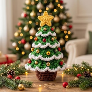 Op de afbeelding: Een gehaakte kerstboomdecoratie met een groen gelaagd lichaam en witte geschulpte randen, bekroond met een gele ster. De boom is versierd met kleine rode en gouden bolvormige ornamenten en staat in een bruine, getextureerde basis.