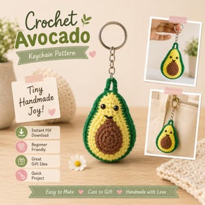 May include: A crochet avocado keychain pattern featuring text that reads Crochet Avocado Keychain Pattern, Tiny Handmade Joy, Instant PDF Download, Beginner Friendly, Great Gift Idea, Quick Project, Easy to Make, Cute to Gift, and Handmade with Love.