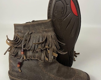 Vintage Kickers Fringe Boots, Genuine Leather, Brown, Size EU 37