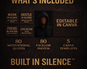 Built In Silence™ Motivational Bundle | 80 Quotes + 59 Faceless Images | Editable Canva Templates