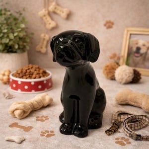 May include: A glossy black ceramic dog figurine sits prominently, surrounded by dog-themed accessories. A red and white polka-dotted bowl holds dog food, and a framed photo of a dog is visible in the background. Dog bone-shaped treats and paw prints add to the theme.