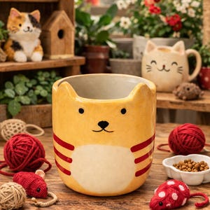 Ceramic Cat Planter Pot, Small Animal Succulent Holder