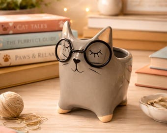Ceramic Cat Planter with Glasses – Succulent Pot & Desk Organizer