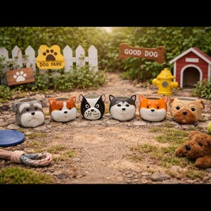 May include: A collection of six ceramic dog-shaped planters, each with a unique breed design and color scheme. The planters are arranged outdoors near a dog park sign and a small dog house, creating a playful scene.