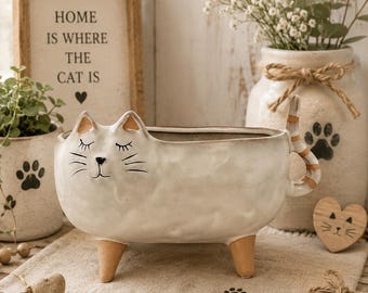 Ceramic Cat Planter, Whimsical Farmhouse Succulent Pot, Rustic Kitty Indoor Plant Home
