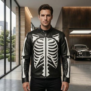 May include: A black leather jacket featuring a white skeletal rib cage and arm bone graphic print on the front and sleeves. The jacket has a stand-up collar, a full-length central silver zipper, and long sleeves. The design covers the chest area.