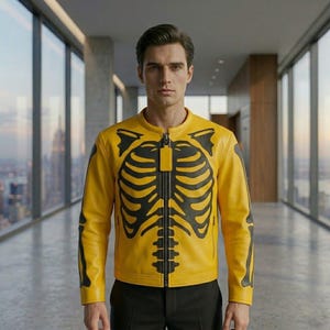 May include: A bright yellow leather jacket featuring a prominent black skeleton rib cage graphic printed on the front and down the sleeves. The jacket has a round neckline, a central vertical zipper closure, and a solid yellow rectangular zipper pull.
