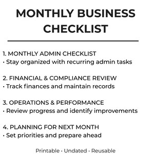 May include: A white printable business checklist with black text. The checklist includes sections for monthly admin tasks, financial review, operations, and planning. The text at the bottom reads "Printable • Undated • Reusable".