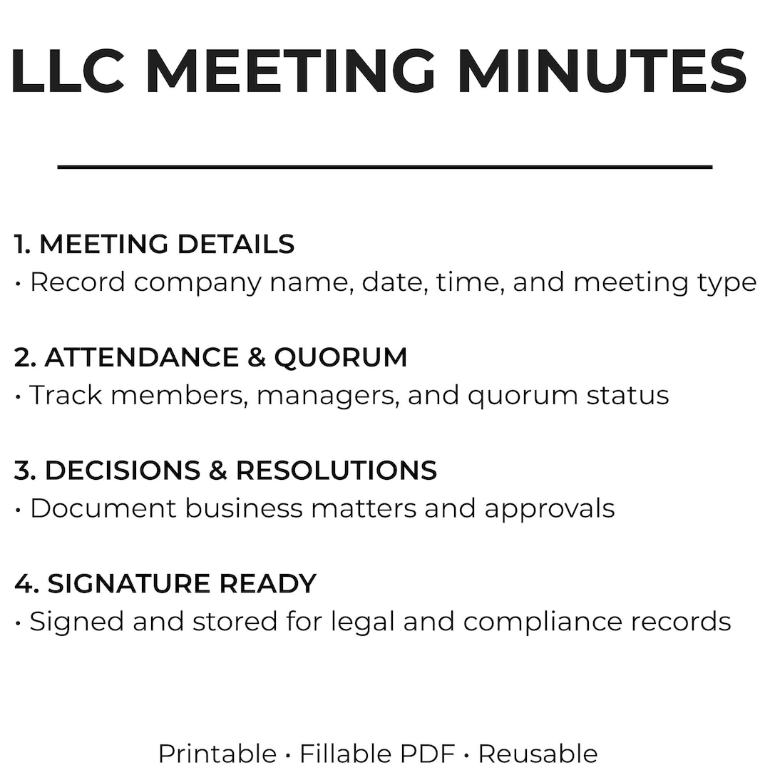 LLC Meeting Minutes Template Printable and Fillable PDF Small Business
