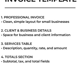 Peut inclure: Un modèle de facture en noir et blanc avec les mots "INVOICE TEMPLATE" en haut. Le modèle comprend des sections pour les factures professionnelles, les détails du client et de l'entreprise, un tableau des services et une section des totaux. Le texte "Printable + Fillable PDFs" est en bas.