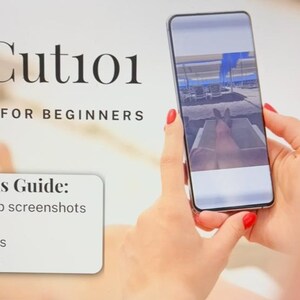 May include: Image of a smartphone displaying a video. The text "CapCut101 EASY GUIDE FOR BEGINNERS" is at the top. A white rectangle lists "Step-by-step screenshots", "Easy tools", "Beginner tips", and "Easy effects".