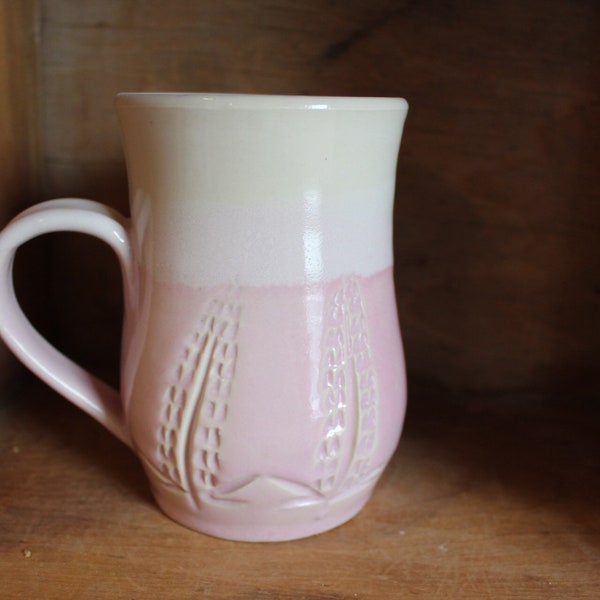 Carved Lupin mug in Blush Pink by Village Pottery Prince Edward Island PEI