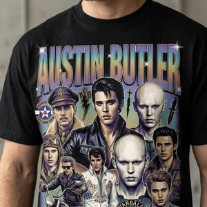 May include: Black t-shirt featuring a graphic of Austin Butler in various roles. The design includes the name "AUSTIN BUTLER" in iridescent lettering, along with images of the actor in different outfits and styles. The shirt also has the text "VANDALS MC".