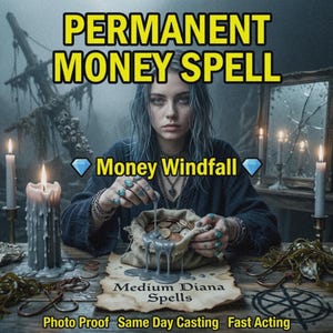 Op de afbeelding: Een digitale illustratie van een persoon met blauw haar die grijze was uit een met munten gevulde jute zak op perkament giet. Tekst: PERMANENT MONEY SPELL, Money Windfall, Medium Diana Spells, Photo Proof, Same Day Casting, Fast Acting.