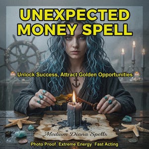 Puede incluir: Una persona con cabello azul ondulado que lleva un collar de ancla y anillos, sosteniendo una llave sobre una vela gris encendida en pergamino. Texto: UNEXPECTED MONEY SPELL, Unlock Success, Attract Golden Opportunities, Medium Diana Spells, Photo Proof, Extreme Energy, Fast Acting.