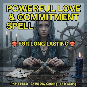 Może przedstawiać: Osoba z niebieskawymi włosami siedzi przy stole z drewnianym krzyżem związanym sznurkiem, świecą i kołem sterowym. Tekst: POWERFUL LOVE & COMMITMENT SPELL FOR LONG LASTING, Medium Diana Spells, Photo Proof, Same Day Casting, Fast Acting.