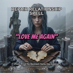 May include: A person with blue hair sits behind a table with candles, two knives, and a torn piece of paper. Text reads: REPAIR RELATIONSHIP SPELL, LOVE ME AGAIN, Photo Proof No Backlash Same Day Casting. A statue of a figure stands in the background.