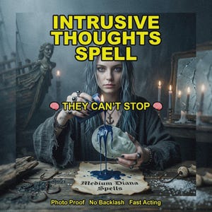 May include: A person with blue hair pouring blue wax onto a skull, with text reading INTRUSIVE THOUGHTS SPELL, THEY CAN'T STOP, Medium Diana Spells, Photo Proof, No Backlash, Fast Acting, set against a dark, mystical background with candles.