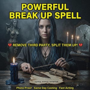 Può includere: Una persona con capelli bluastri, veste scura e collana con ancora, tiene un coltello su una pergamena con scritto 'Medium Diana Spells'. Testo: 'POWERFUL BREAK UP SPELL', 'REMOVE THIRD PARTY, SPLIT THEM UP!', 'Photo Proof Same Day Casting Fast Acting'.