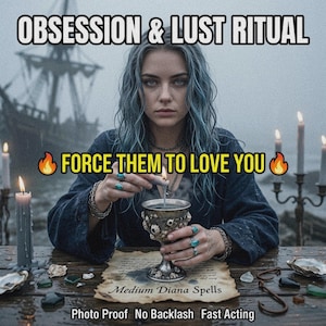 May include: A person with blue hair holds a candle over a metal chalice, with text reading OBSESSION & LUST RITUAL, FORCE THEM TO LOVE YOU, Medium Diana Spells, Photo Proof, No Backlash, Fast Acting, surrounded by candles and sea-themed items.