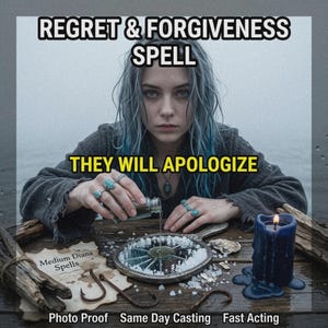 May include: A person with blue hair pouring liquid from a small glass bottle onto a round mirror covered in salt. The image features text reading REGRET & FORGIVENESS SPELL, THEY WILL APOLOGIZE, Medium Diana Spells, Photo Proof, Same Day Casting, Fast Acting.