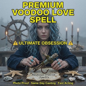 Könnte beinhalten: Eine Person mit welligem blauem Haar in einem dunkelblauen Gewand hält eine kleine, mit Schnur umwickelte Holzfigur. Das Bild enthält den Text PREMIUM VOODOO LOVE SPELL, ULTIMATE OBSESSION und Medium Diana Spells sowie Seesterne und Muscheln.