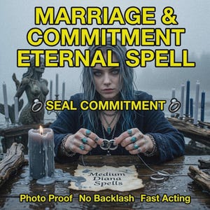 May include: A person with blue hair wearing multiple rings and necklaces, holding two silver rings over a parchment labeled Medium Diana Spells. The image features text reading MARRIAGE & COMMITMENT ETERNAL SPELL, SEAL COMMITMENT, and Photo Proof No Backlash Fast Acting.