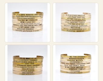 Gold Message Cuff Bracelet, Inspirational Stainless Steel Bangle, Sister Mom Friend Gift