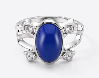 Gothic Blue Stone Ring, Silver Tone Vampire-Inspired Statement Ring, Fantasy Jewelry Gift, Sizes 7–10