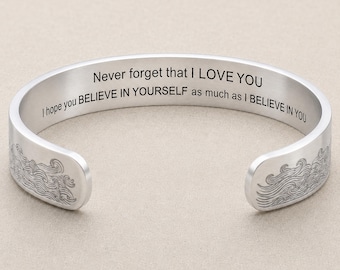 Hidden Message Stainless Steel Cuff Bracelet with Engraved Wave Design