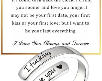 I Fcking Love You Ring for Women, Open Adjustable Stainless Steel Engraved Heart Spiral Wrap Twist Vintage Promise Rings Inspirational Jewel