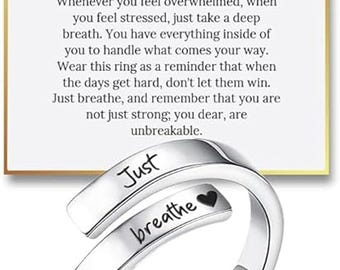 Anillo "Just Breathe" para mujer, ajustable, de acero inoxidable y plata, regalo de joyería de promesa.