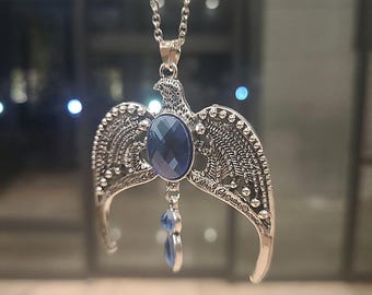 Blue Faceted Stone Eagle Wing Necklace, Silver Tone Fantasy Pendant, Book Lover Gift