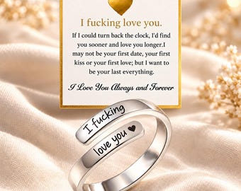 I Fcking Love You Ring for Women, Open Adjustable Stainless Steel Engraved Heart Spiral Wrap Twist Vintage Promise Rings Inspirational Jewel